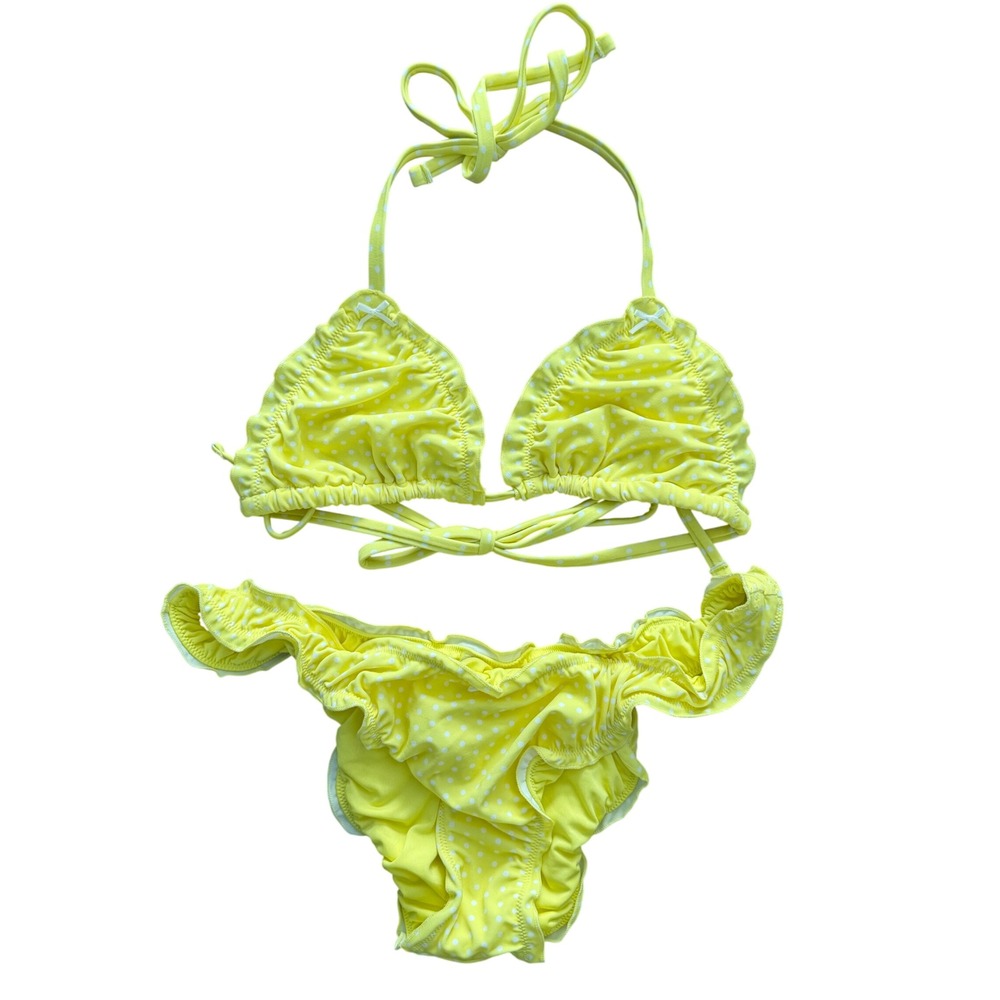 Victoria's Secret PINK x Frankie's Bikinis Yellow Polka Dot Ruffle Bikini Set M